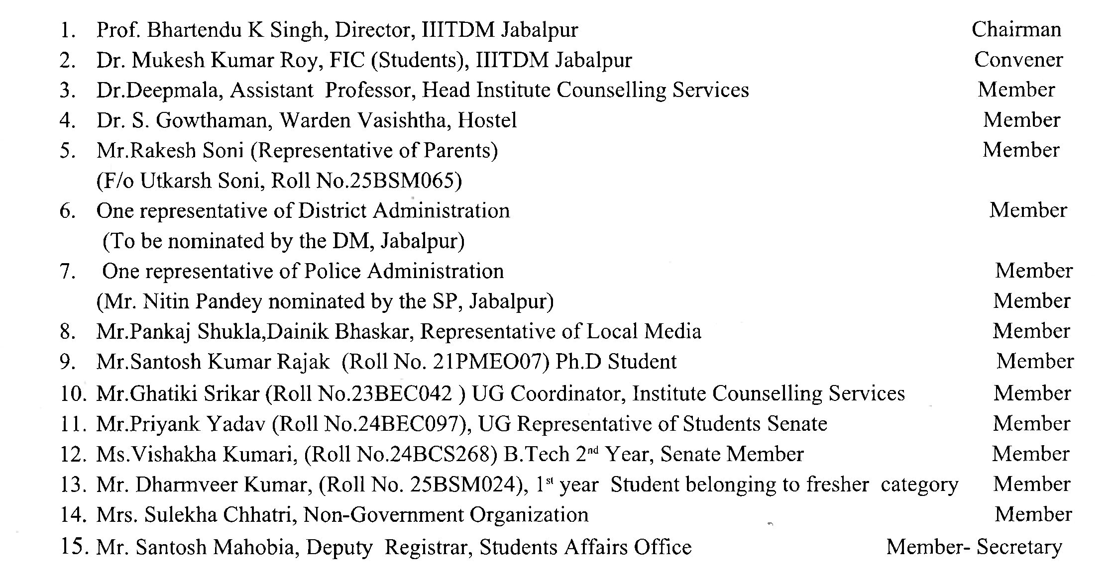 Anti Ragging Committee Structure IIITDM Jabalpur